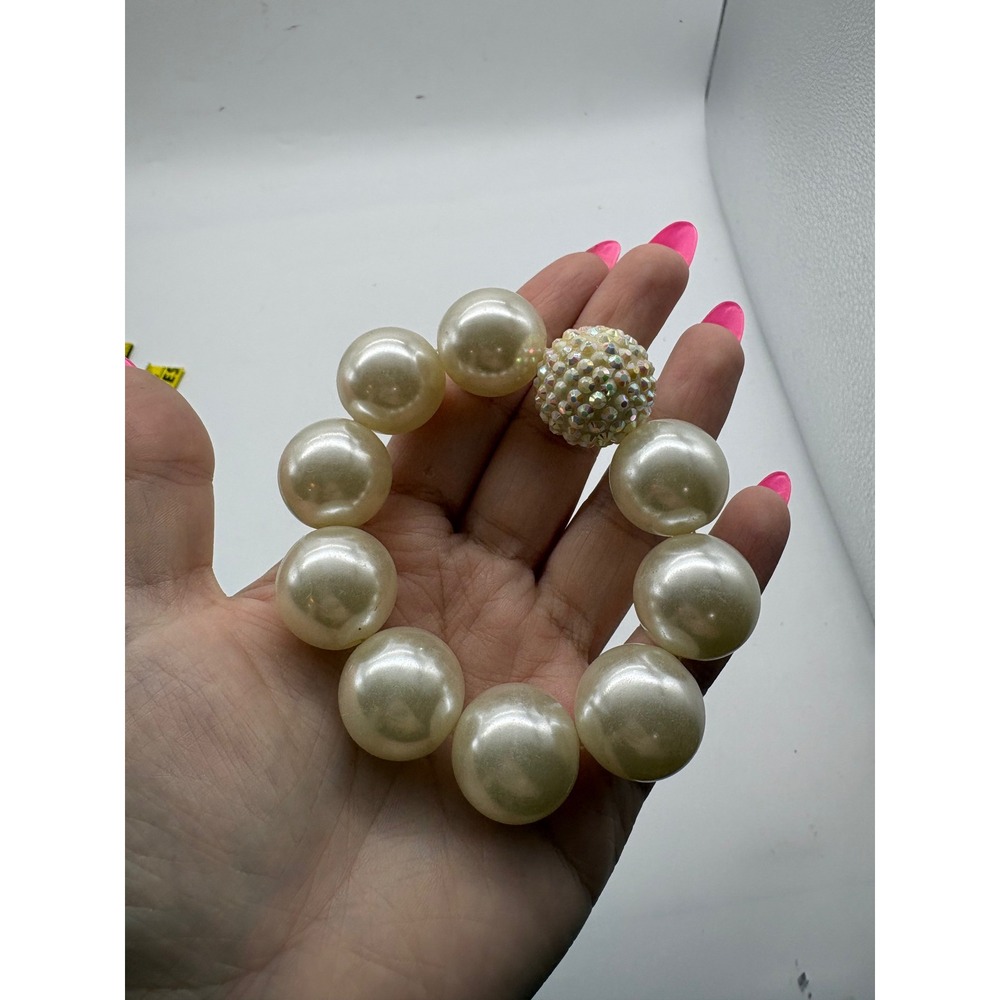 Chunky‎ Faux Pearl Stretch Bracelet with Iridescent Rhinestone Disco Ball Bead